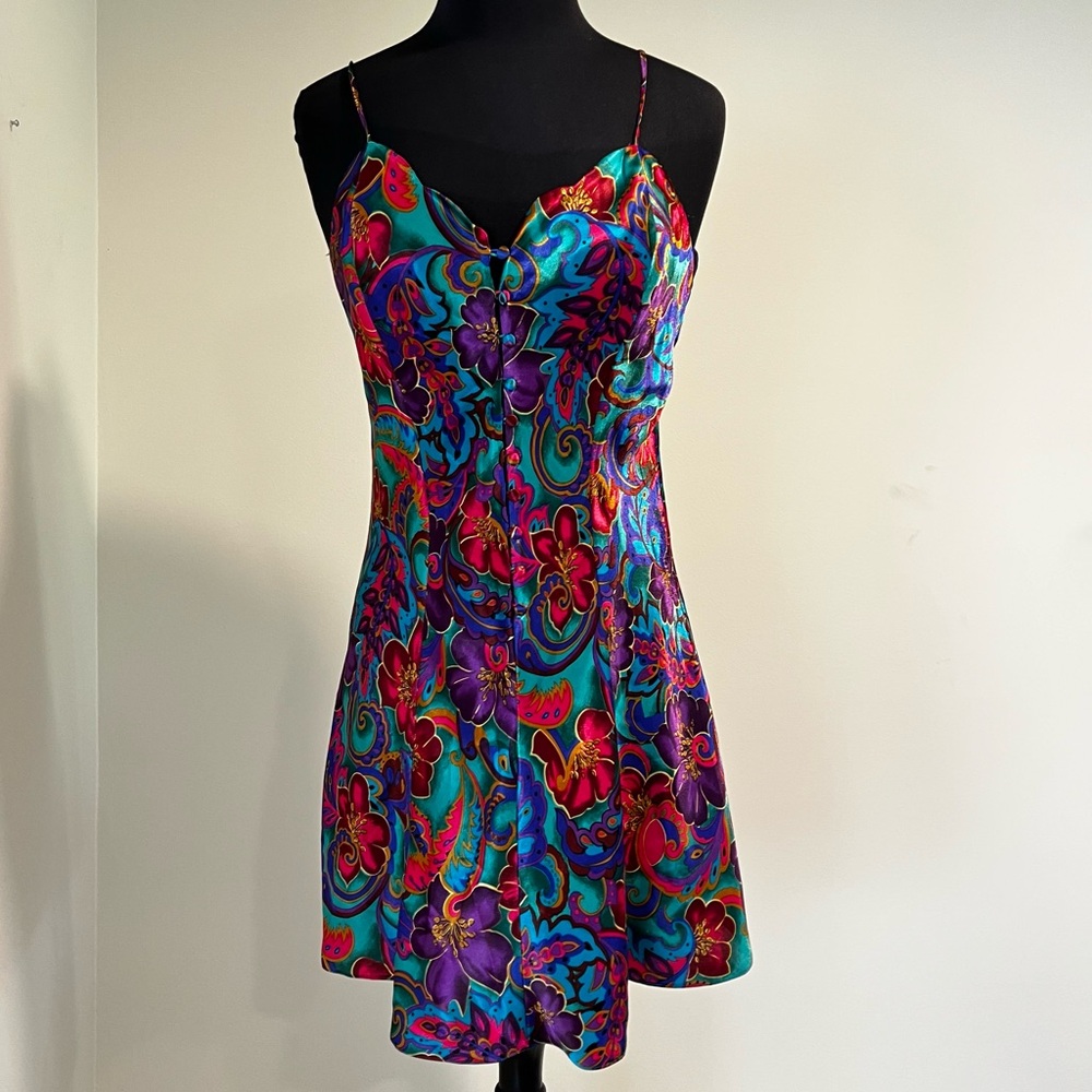 Victoria’s Secret Gold Label Slip Dress Large Vintage Floral Psychedelic Satin